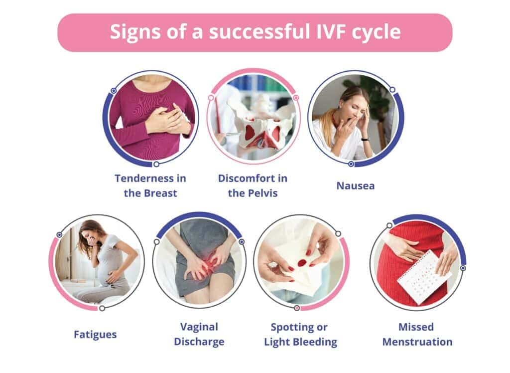 Image showing signs of a successful IVF cycle, including breast tenderness, pelvic discomfort, nausea, fatigue, vaginal discharge, spotting, and missed menstruation.